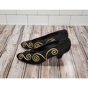 Arsho Black Suede Pumps Womens Size 6 Gold Embroidery Pointed Toe Heels